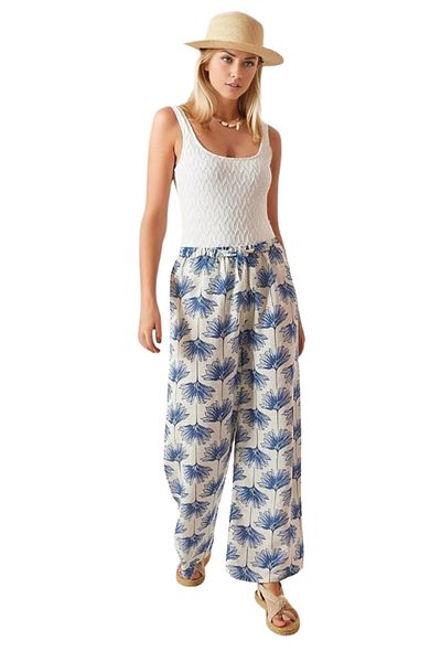 Cassime Pantaloni Palazzo de damă din in cu model geometric albastru - Vară cu picioare largi