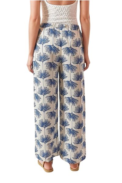 Cassime Pantaloni Palazzo de damă din in cu model geometric albastru - Vară cu picioare largi