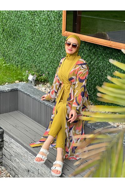 ALLMİRA FASHION Camellia Patterned Pareo Detailed Hijab Swimsuit Set of 5 Oil Green