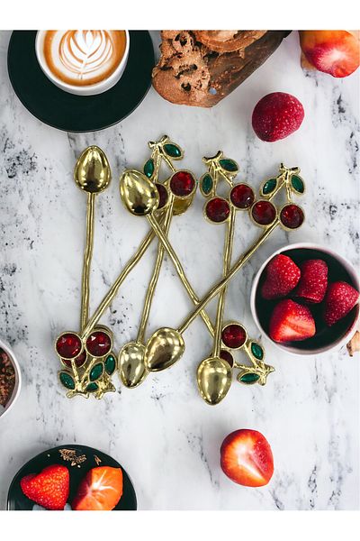 CHANCE GİFT Cherry Tea Spoon Set of 6 Gold Cherry Coffee Tea Presentation Spoons Gift Spoons Decorative Spoon