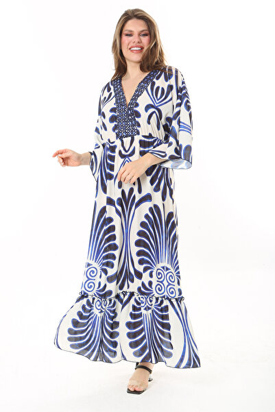 Şans Rochie din crepon cu fustă, detaliată, cu bijuterii, albastră, mărime mare - 65N37907