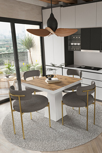 AVVİO ARONA  Beyaz Lake MDF Ayak  90x90 Yemek Masası Mutfak Masası 4 Kişilik Masa Takımı Teddy Sandalye