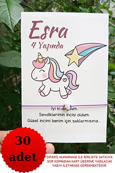 Emtory Home 30 Adet Unicorn Kartlı Mor Bileklik - Doğum Günü Hediyesi - Bebek...