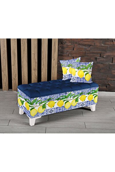 Armi Puf Çinili Limon Desenli Sandıklı Puf +2 Kırlent