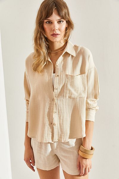 Bianco Lucci Cămașă oversize de muselină pentru femei - cu buzunare, model 60251104