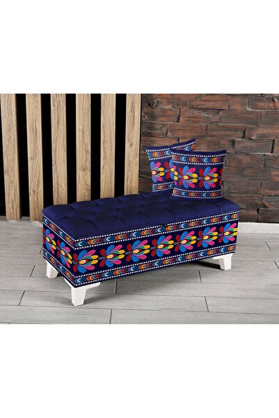 Armi Puf Nakış Çiçekler Desenli Sandıklı Puf +2 Kırlent