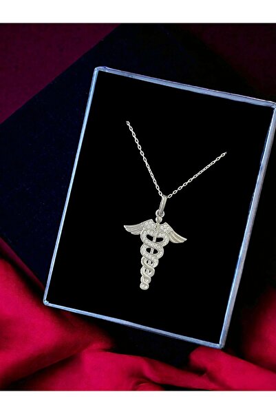 Alaja Silver Tıpçı Tıp Sembolü Kadüse Taşlı Tasarım 925 Ayar Gümüş Kolye