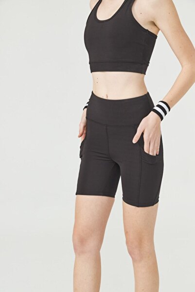 ENNA MODA Siyah Yüksek Bel Çift Cepli Toparlayıcı Spor Şort Ve Bra Set