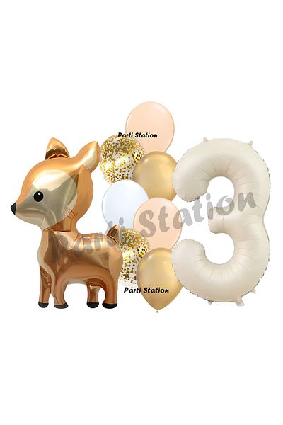Parti Station Woodland 3 Years Old Deer Balloon Set - Cute Gazelle and Cream Figure