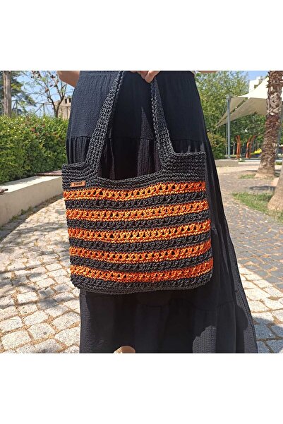 yaso shop Siyah Turuncu Çizgili Kağıt Ip Çanta El Örgüsü Hasır Çanta