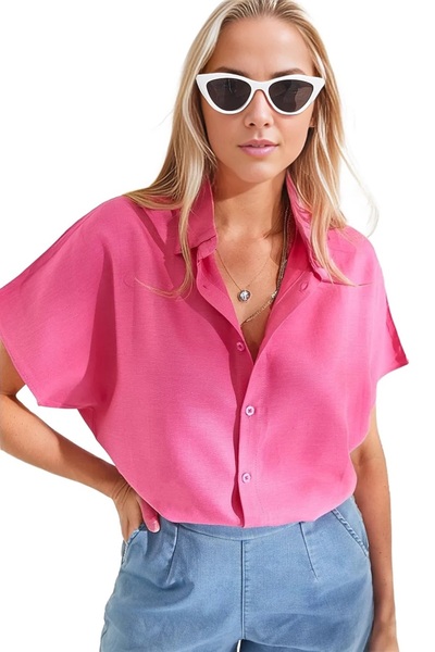 Cassime Ροζ λινό πουκάμισο Oversize - Μανίκια νυχτερίδας και κουμπιά