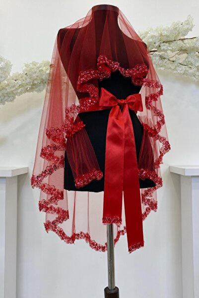 ZEYMERADE Kırmızı Gelin Duvak Seti, Su Taşlı Elegance Kına Duvağı Seti 6 Parça