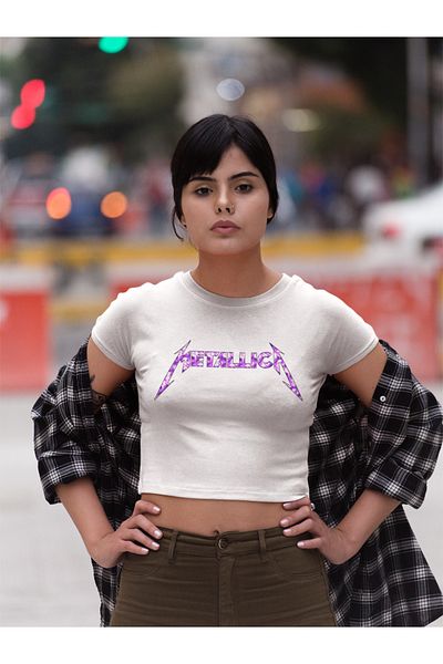 Fuddy Moda Top crop cu imprimeu Metallica violet, bluză crop neagră cu imprimeu Metallica