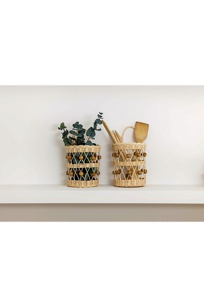 Maison Avf Decorative Double Basket with Rattan Hanger - Multi-Purpose Wall Basket 2 Pieces