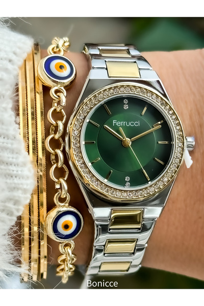 Ferrucci Altın Sarısı Renk Çelik Kordon Kadın Kol Saati+bileklik