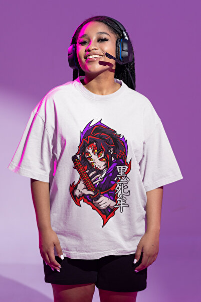 Fuddy Moda Unisex Kokushibo Štampano T-shirt, Oversize kroj Demon Slaier Štam...