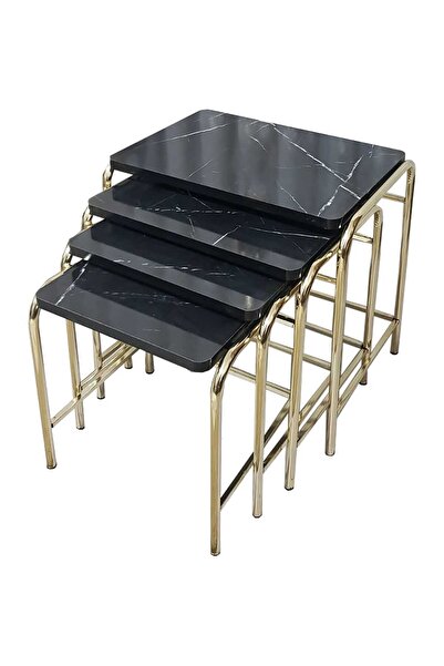 GÜVENÇ 4'lü Zigon Sehpa Sarı Nikelaj Kaplama Metal Ayaklı Siyah Mermer Desen
