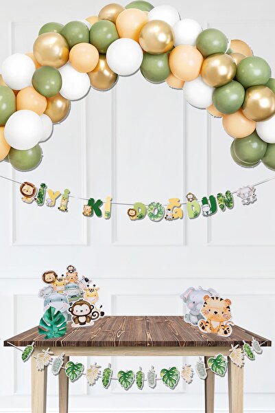 PEKSHOP Retro Safari Doğum Günü Parti Paketi Balon Zinciri Safari Ayaklı Pano...