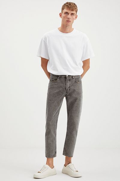 GRIMELANGE Gılberto Men's Carrot Fit Carrot Leg Distressed Washed Thick Textured Denim Grey Jeans