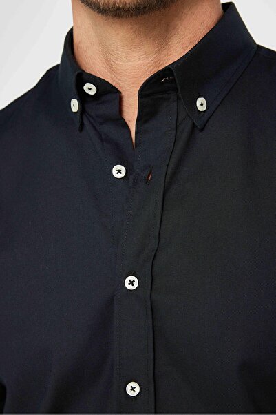 Tudors Slim Fit Dar Kesim Düğmeli Yaka Oxford Doku Pamuk Siyah Erkek Gömlek