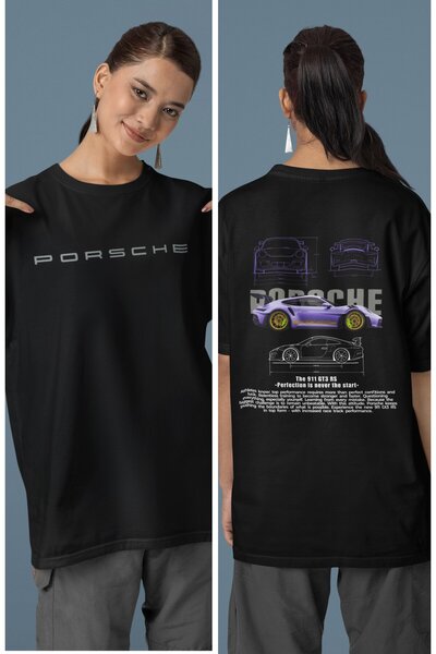 Fuddy Moda Унисекс тениска с щампа на гърба в лилаво и голям размер Porsche 911