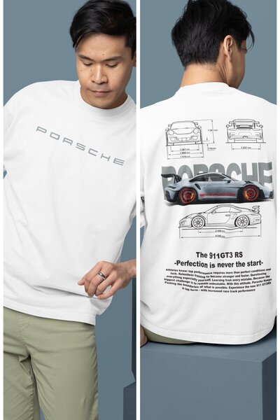 Fuddy Moda تي شيرت رمادي كبير الحجم بورش 911 GT3 RS Srt مطبوع على الظهر، تي شيرت مزدوج بطابع السيارة للرجال والنساء