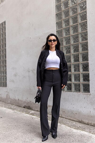 Askı Nişantaşı Black Striped High Waist Trousers