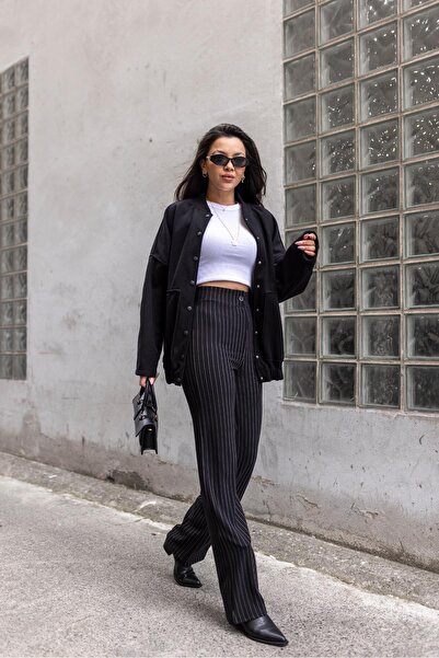 Askı Nişantaşı Black Striped High Waist Trousers