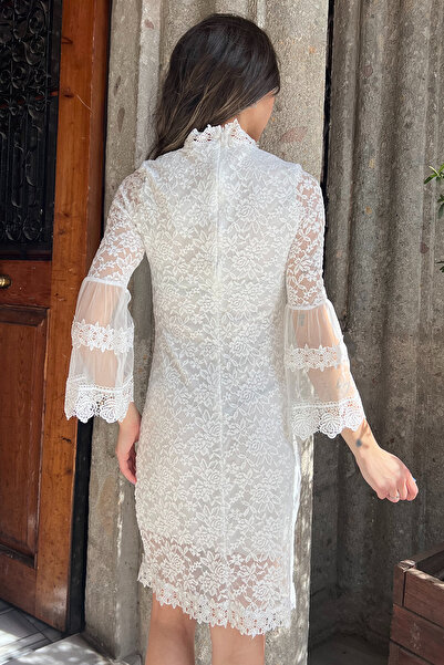 julude Cream Women's Lace Sleeve Tulle Evening Dress