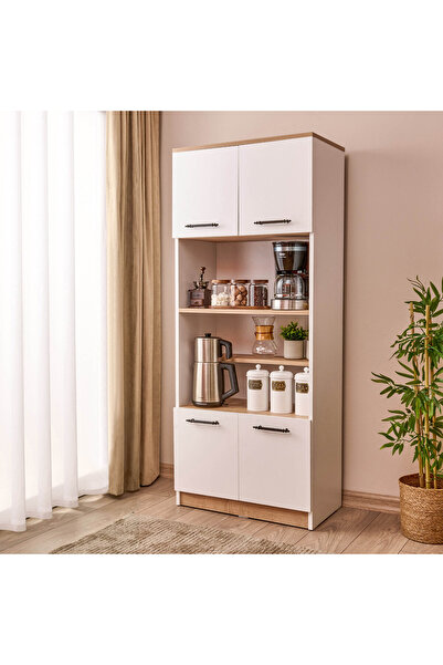 Just Home 4 Kapaklı Fırın Bölmeli Kiler Dolabı - Beyaz / Safir Meşe