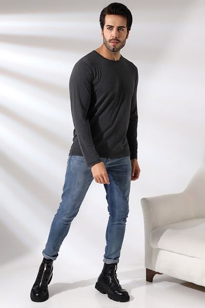 RUN RUN Tricou compact din bumbac pieptănat Lycra, cu mânecă lungă, cu decolteu, 21483 Dark Anthracitmelanj