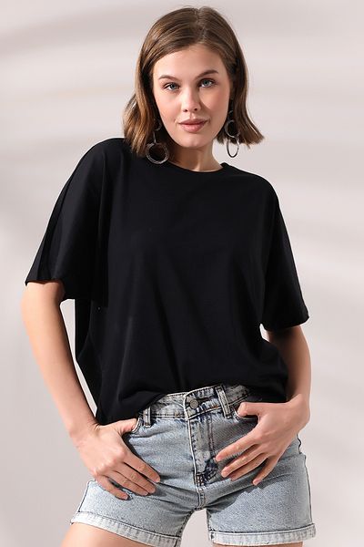 Endies Tricou negru cu mânecă liliac din bumbac casual - 21571 Combed Cotton Compact