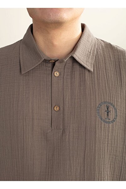 ARİNNASİDE Muslin Unisex Polo Collar Short Sleeve Back Lion Printed Gray Shirt