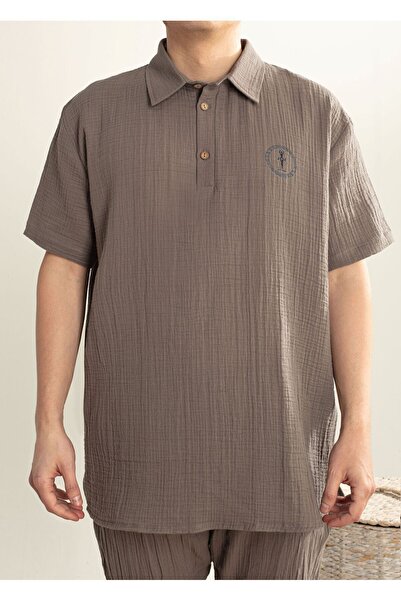 ARİNNASİDE Muslin Unisex Polo Collar Short Sleeve Back Lion Printed Gray Shirt