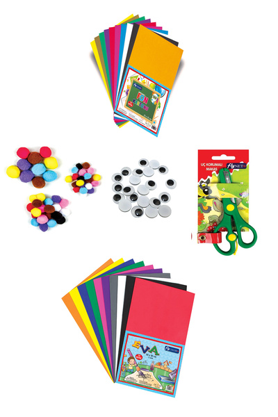 FLY COLOR Eva 10 Renk Oynar Göz 50'li Küt Uçlu Makas Ponpon Set 50'li Fon Kartonu 10'lu