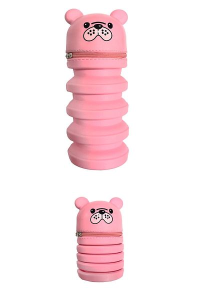 FLY COLOR Large and Shrinkable Pencil Case with Silicone Dog Figure and Gusset Pink