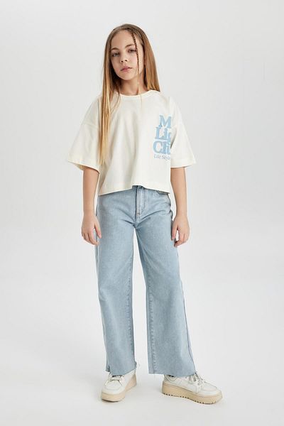 DeFacto Girls' Crew Neck Printed Crop Short Sleeve T-Shirt C1939A824Sm