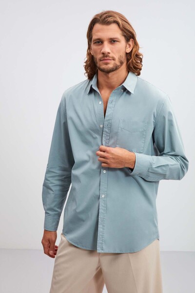 GRIMELANGE Brıtt Men's Wide Cut Comfortable Looking 100% Cotton Green Shirt