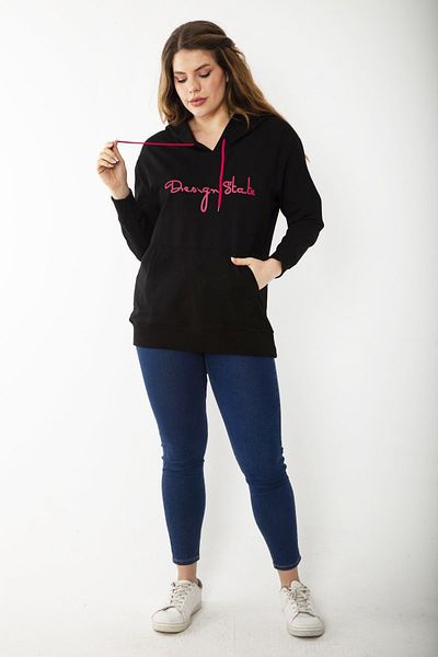 Şans Women's Large Size Black Hooded Kangaroo Pocket Sweatshirt 65N37197