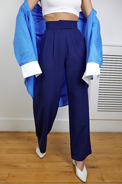 Askı Nişantaşı Navy Blue Velcro Clamp Stitched Palazzo Pants