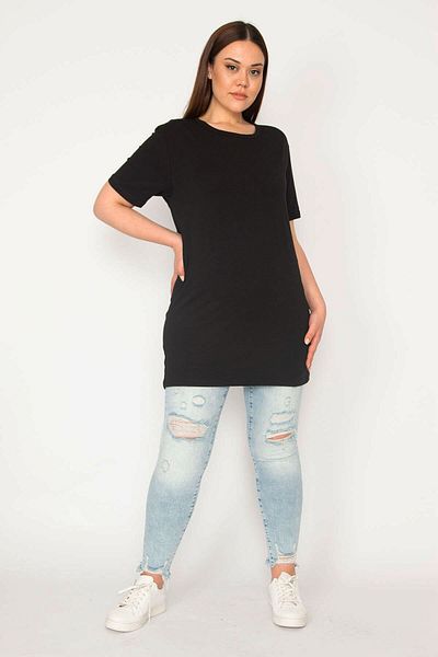 Şans Women's Black Large Size Bicycle Collar Short Sleeve Oversize Blouse 65n36273