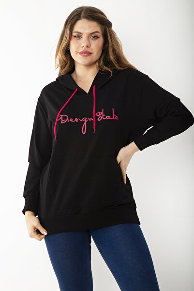 Şans Hanorac negru cu glugă cu buzunar cangur pentru femei de mărime mare 65N37197