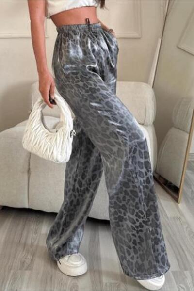 Denfa Moda Kadın  Gri Leopar Pantolon