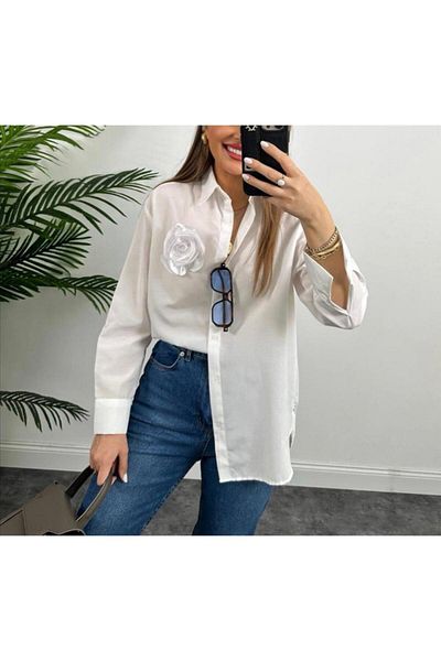 gül sezgin butik WOMEN'S ECRU COLOR DESIGN WHITE ROSE SHIRT