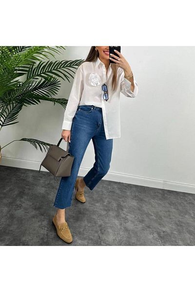 gül sezgin butik WOMEN'S ECRU COLOR DESIGN WHITE ROSE SHIRT