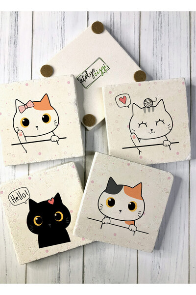 Atölye Çizgi قاعدة أكواب من الحجر الطبيعي مكونة من 4 قطع للقطط المبهجة