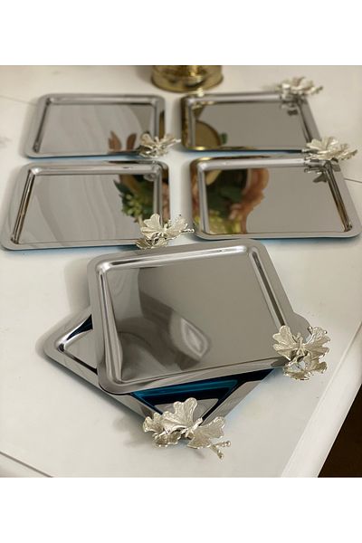 Elzemm store 6-Piece Stainless Steel Square Serving Tray - With Silver Branch and Butterfly Accessories