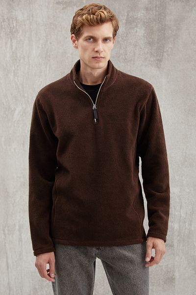 GRIMELANGE Hayes Herren-Fleece-Halbreißverschluss mit Lederzubehör, dickes, strukturiertes Comfort-Fit-Fleece in Bitterbraun