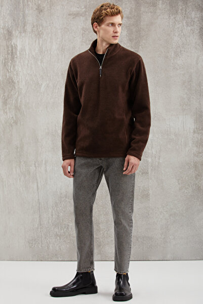 GRIMELANGE Męski polarowy zamek błyskawiczny Hayes ze skórzanymi dodatkami Gruby, teksturowany, wygodny krój Gorzki brązowy polar