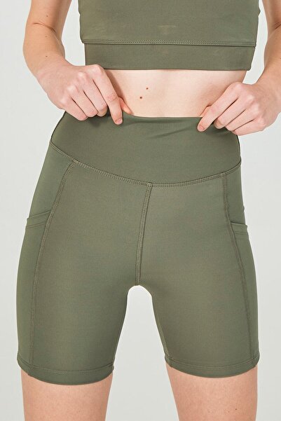 ENNA MODA Haki Yeşil Yüksek Bel Çift Cepli Toparlayıcı Spor Şort